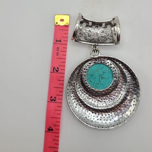 Necklace pendant scarf ring,  silvertone with faux turquoise - Picture 4 of 5